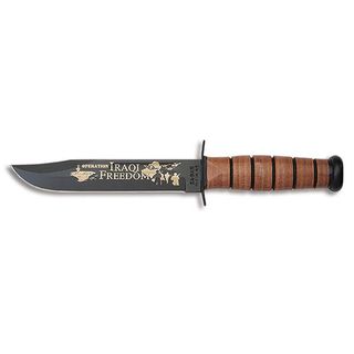 Ka bar Usmc Iraqi Freedom Knife (BrownBlade materials: 1095 Cro VanHandle materials: LeatherGrind: FlatEdge angle: 20 degreesShape: ClipBlade thickness: 0.165Blade length: 7 inchesHandle length: 4 7/8 inchesWeight: 0.70 poundsBefore purchasing this produc