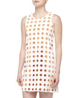 Sleeveless Polka Cutout Shift Dress, White/Orange