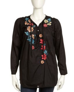 Embroidered Tie Neck Tunic, Black, Womens