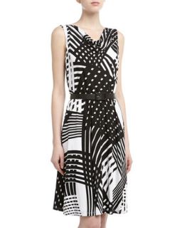Mixed Media Print Fit And Flare Dress, Black/White