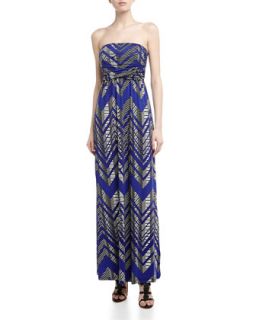 Strapless Zigzag Stripe Print Maxi Dress, Blue