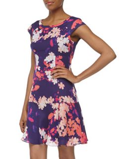 Cap Sleeve Floral Print Fit And Flare Chiffon Dress, Dark Violet